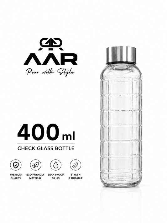 AAR - Elite Toughened Glass Water Bottles, Microwave & Freezer Safe, Leak Proof with Airtight Stainless Steel Gasket Sealed Lid, Scratch Resistant, Transparent - 400ML