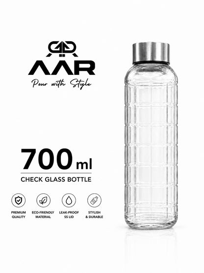 AAR - Elite Toughened Glass Water Bottles, Microwave & Freezer Safe, Leak Proof with Airtight Stainless Steel Gasket Sealed Lid, Scratch Resistant, Transparent - 700ML