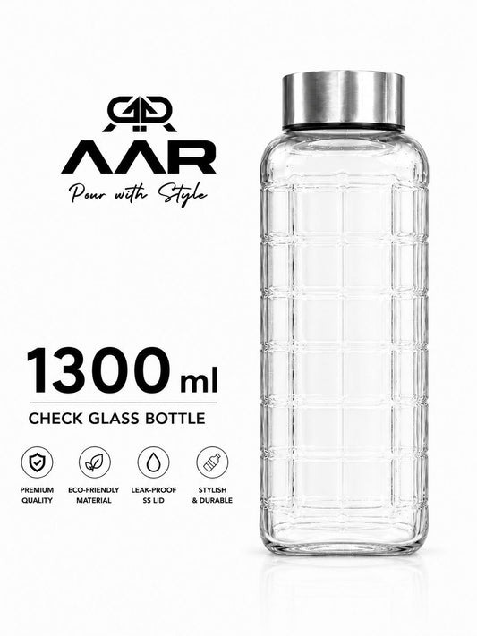 AAR - Elite Toughened Glass Water Bottles, Microwave & Freezer Safe, Leak Proof with Airtight Stainless Steel Gasket Sealed Lid, Scratch Resistant, Transparent - 1300ML