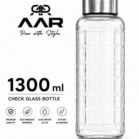 AAR - Elite Toughened Glass Water Bottles, Microwave & Freezer Safe, Leak Proof with Airtight Stainless Steel Gasket Sealed Lid, Scratch Resistant, Transparent - 1300ML