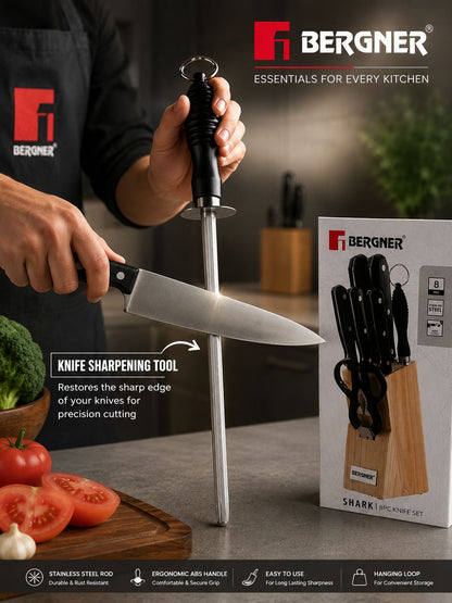 BERGNER Shark Stainless Steel 8 Pcs Knife Set - Chef Knife, Bread Knife, Boning Knife, Utility Knife, Paring Knife, Sharpener, Scissor and Wooden Block, Durable and Sharp Blade, Soft Touch Handle