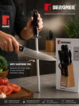 BERGNER Shark Stainless Steel 8 Pcs Knife Set - Chef Knife, Bread Knife, Boning Knife, Utility Knife, Paring Knife, Sharpener, Scissor and Wooden Block, Durable and Sharp Blade, Soft Touch Handle