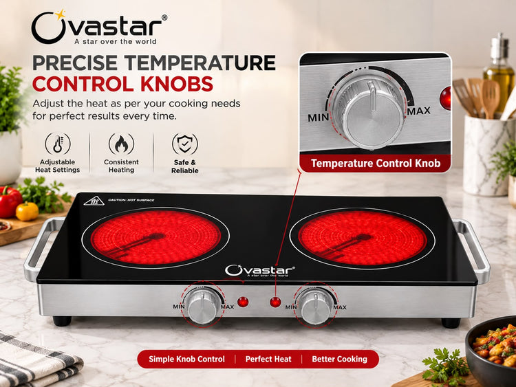Ovastar Dual Pro Infra 2200W Double Burner Infrared Cooktop | 2 Heating Plates, Temperature Control Knobs, Auto Shut-Off & Overheat Protection, Suitable for All Pots, 12 Months Warranty