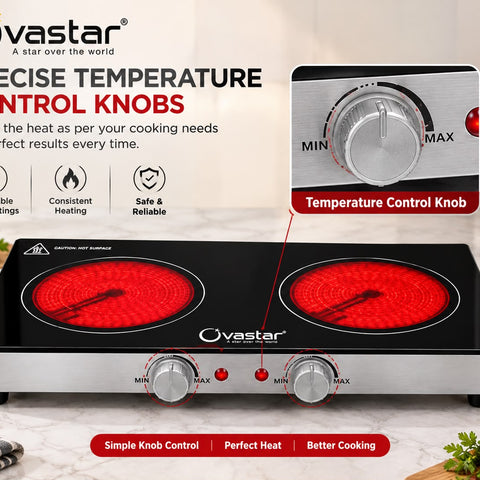 Ovastar Dual Pro Infra 2200W Double Burner Infrared Cooktop | 2 Heating Plates, Temperature Control Knobs, Auto Shut-Off & Overheat Protection, Suitable for All Pots, 12 Months Warranty