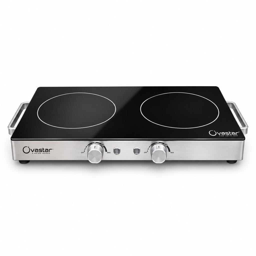 Ovastar Dual Pro Infra 2200W Double Burner Infrared Cooktop | 2 Heating Plates, Temperature Control Knobs, Auto Shut-Off & Overheat Protection, Suitable for All Pots, 12 Months Warranty