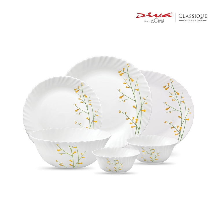 La Opala Diva, Classique Collection, Opal Glass Dinner Set 27 pcs, Citron Weave, White