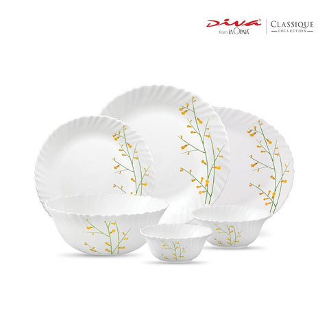 La Opala Diva, Classique Collection, Opal Glass Dinner Set 27 pcs, Citron Weave, White
