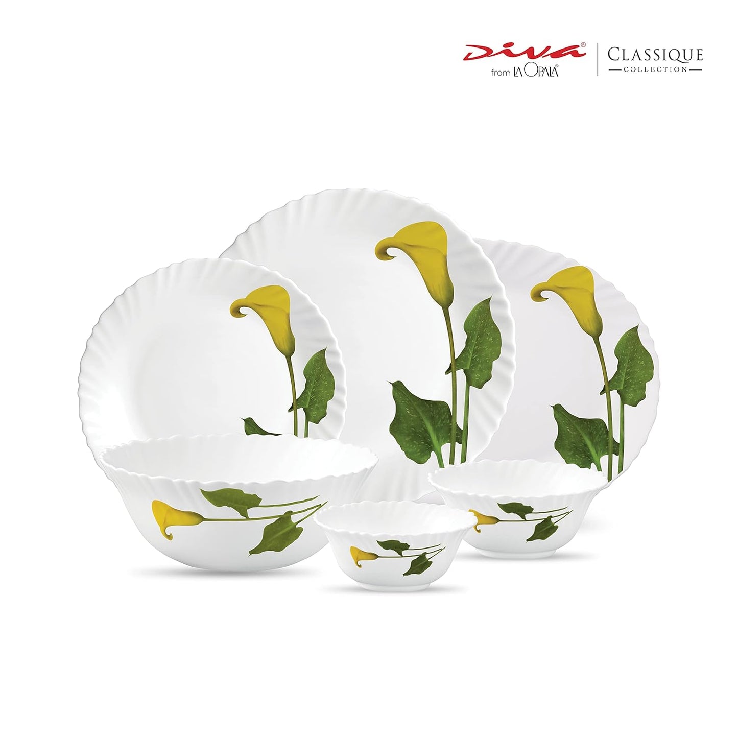 La Opala Diva Classique Collection Opal Glass Crockery | for Family of 6 | Dinner Set 27 pcs Amber Lily | Plates & Bowls for Dining | Microwave Safe | 100% Vegetarian | Extra Strong | White
