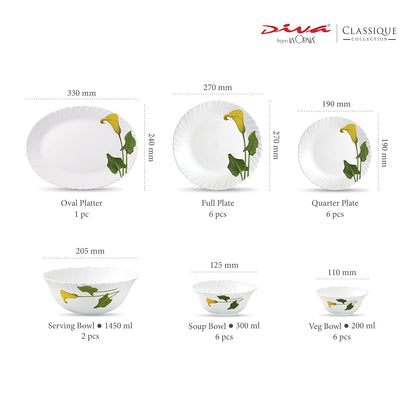 La Opala Diva Classique Collection Opal Glass Crockery | for Family of 6 | Dinner Set 27 pcs Amber Lily | Plates & Bowls for Dining | Microwave Safe | 100% Vegetarian | Extra Strong | White