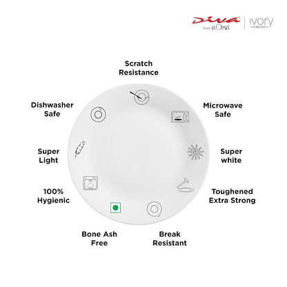 La Opala Diva Ivory Collection Opal Glass Crockery | for Family of 6 | Dinner Set 27 pcs Golden Fall | Plates & Bowls for Dining | Microwave Safe | 100% Vegetarian | Extra Strong | Light & White