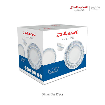 La Opala Diva Ivory Collection Opal Glass Crockery | for Family of 6 | Dinner Set 27 pcs Golden Fall | Plates & Bowls for Dining | Microwave Safe | 100% Vegetarian | Extra Strong | Light & White