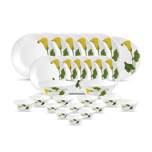 La Opala Diva Classique Collection Opal Glass Crockery | for Family of 6 | Dinner Set 27 pcs Amber Lily | Plates & Bowls for Dining | Microwave Safe | 100% Vegetarian | Extra Strong | White
