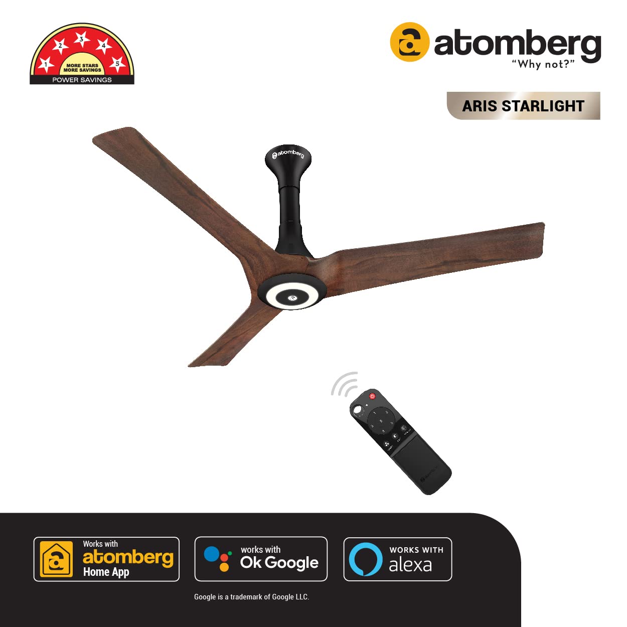 Atomberg Aris Starlight 1200mm BLDC Ceiling Fan with Underlight, IoT &amp; Remote Control | Smart Fan with Noiseless Operation (Dark Teakwood)