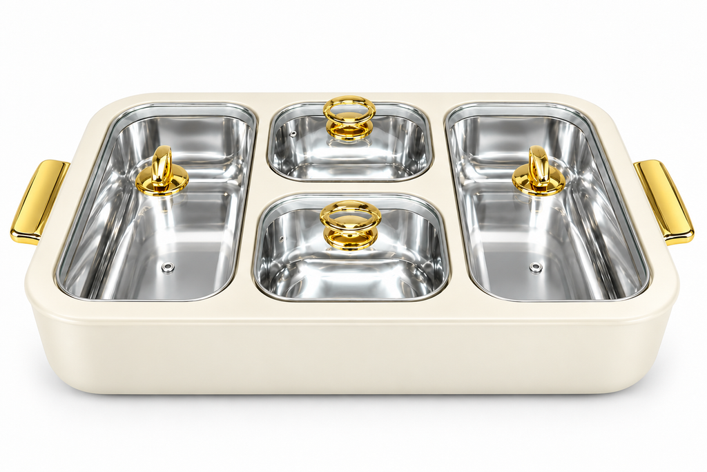 Bonjour Monarch Insulated Stainless Steel Chafing Dish with 2.5L Corner Containers & 1.5L Centre Containers, Glass Lids and Gold Finish Handles-Cream
