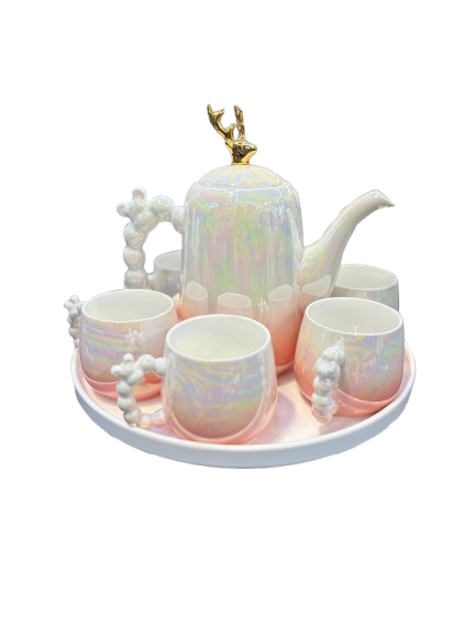 Addox 360° Rotating Tea Kettle Set – Microwave-Safe Kettle + 6-Piece Cup Set on Swivel Tray- Pink Color