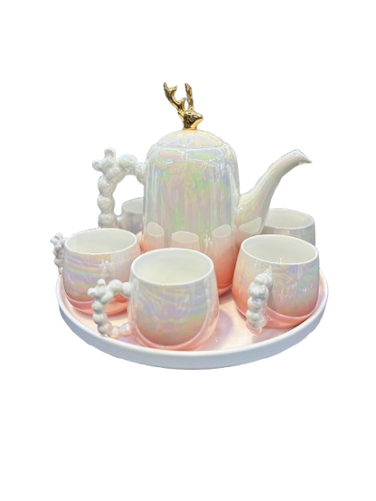 Addox 360° Rotating Tea Kettle Set – Microwave-Safe Kettle + 6-Piece Cup Set on Swivel Tray- Pink Color