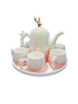 Addox 360° Rotating Tea Kettle Set – Microwave-Safe Kettle + 6-Piece Cup Set on Swivel Tray- Pink Color