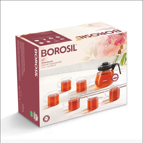 Borosil Prime Tea Set 5 N Glass Kettle 1l+4 Vision Mug 190ml Bgfgbcom0012 - Capacity: 1 Ltr + 190 Ml Milliliter (Ml)