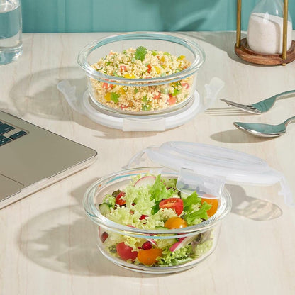 Borosil Pro Borosilicate Glass Lunchbox with Bag | 2 pc Round Container Set (400 ml Each) | Microwave & Dishwasher Safe, Leakproof | Tiffin for Office, School, College | Transparent, Vertical