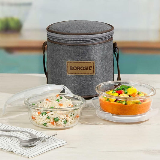 Borosil Pro Borosilicate Glass Lunchbox with Bag | 2 pc Round Container Set (400 ml Each) | Microwave & Dishwasher Safe, Leakproof | Tiffin for Office, School, College | Transparent, Vertical