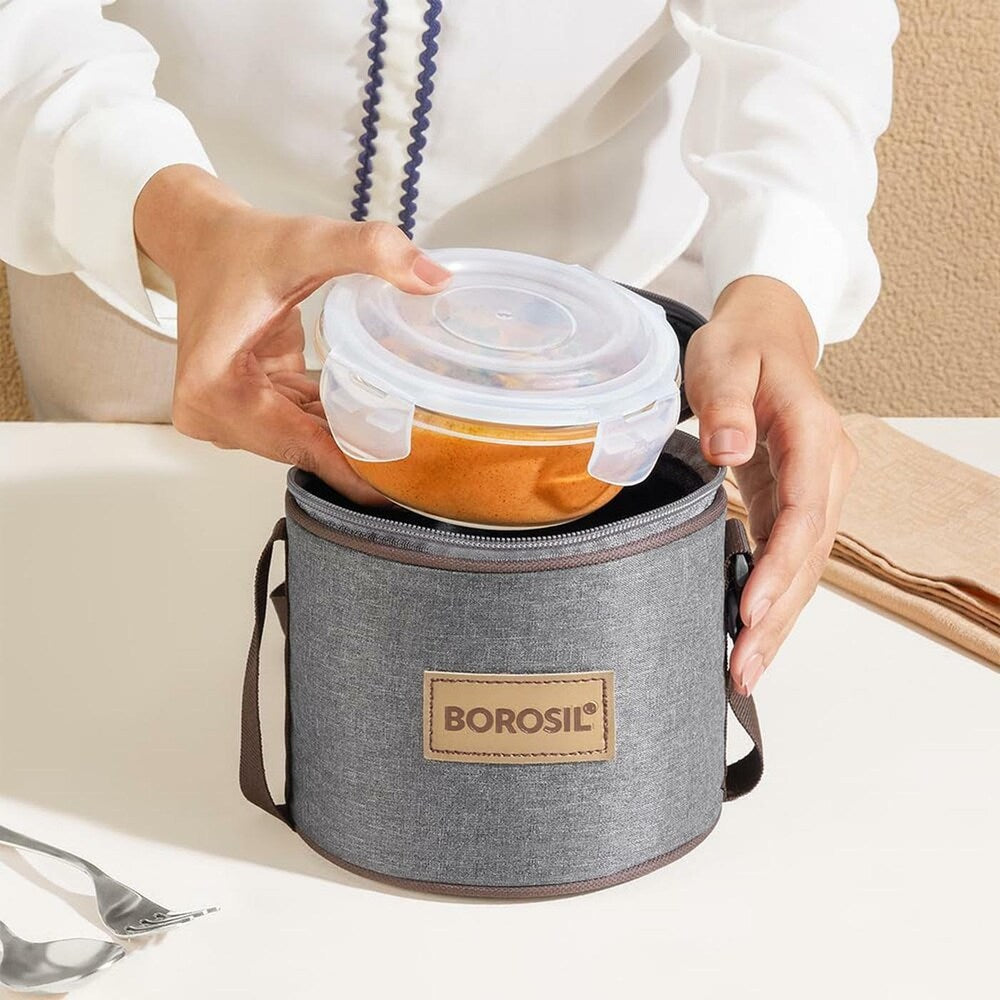 Borosil Pro Borosilicate Glass Lunchbox with Bag | 2 pc Round Container Set (400 ml Each) | Microwave & Dishwasher Safe, Leakproof | Tiffin for Office, School, College | Transparent, Vertical