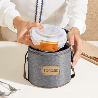 Borosil Pro Borosilicate Glass Lunchbox with Bag | 2 pc Round Container Set (400 ml Each) | Microwave & Dishwasher Safe, Leakproof | Tiffin for Office, School, College | Transparent, Vertical