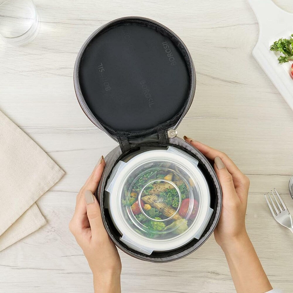 Borosil Pro Borosilicate Glass Lunchbox with Bag | 2 pc Round Container Set (400 ml Each) | Microwave & Dishwasher Safe, Leakproof | Tiffin for Office, School, College | Transparent, Vertical