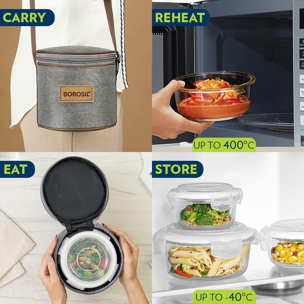 Borosil Pro Borosilicate Glass Lunchbox with Bag | 2 pc Round Container Set (400 ml Each) | Microwave & Dishwasher Safe, Leakproof | Tiffin for Office, School, College | Transparent, Vertical