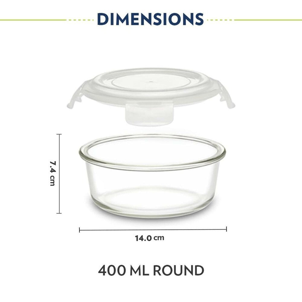 Borosil Pro Borosilicate Glass Lunchbox with Bag | 2 pc Round Container Set (400 ml Each) | Microwave & Dishwasher Safe, Leakproof | Tiffin for Office, School, College | Transparent, Vertical