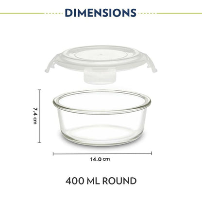 Borosil Pro Borosilicate Glass Lunchbox with Bag | 2 pc Round Container Set (400 ml Each) | Microwave & Dishwasher Safe, Leakproof | Tiffin for Office, School, College | Transparent, Vertical