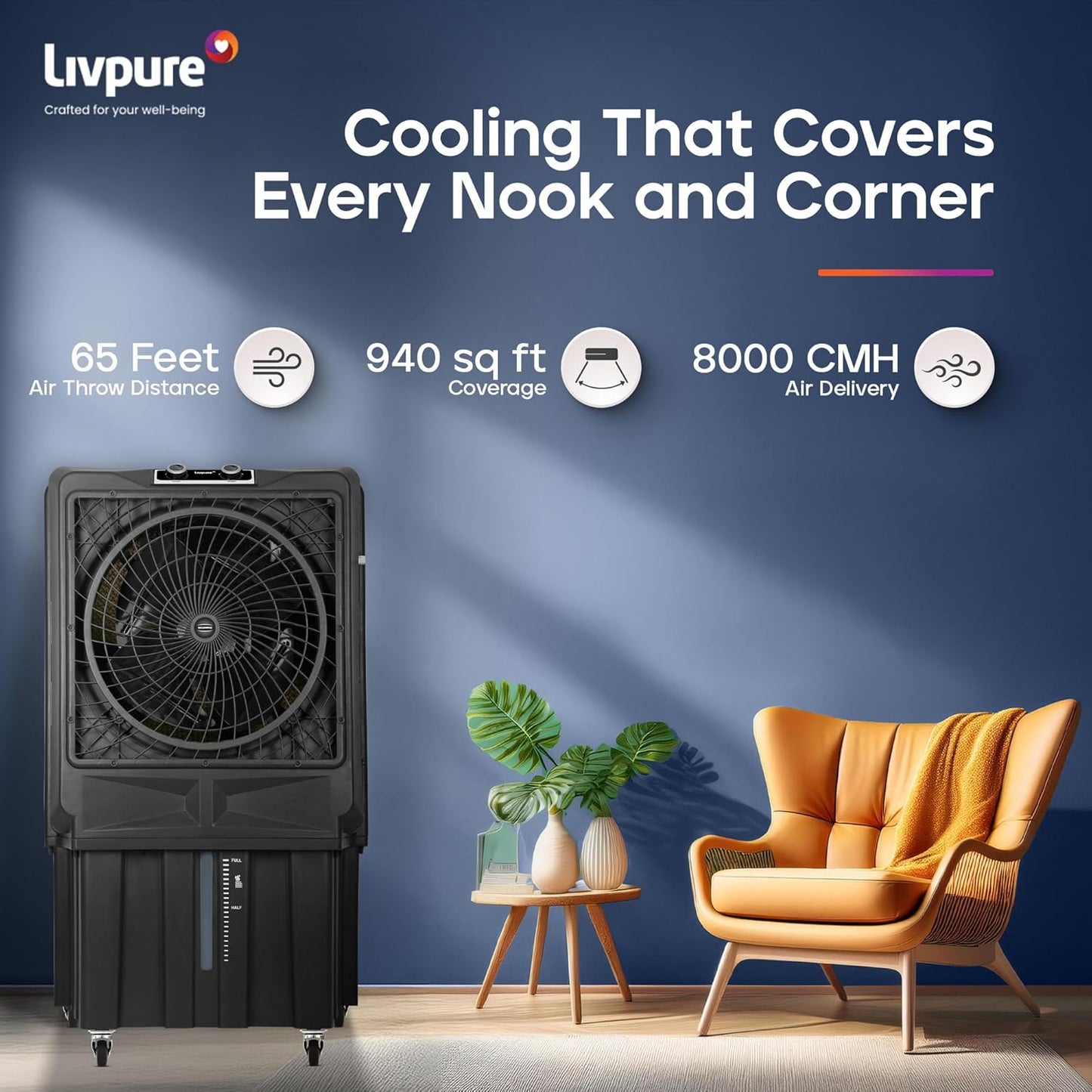 Livpure Scorpio Desert Air Cooler- 100 L | 20" Fan Blade | High Air Delivery | Water Level Indicator | Anti-Bacterial Honeycomb Pad | 350 Watts Motor | 2 years Warranty by Livpure