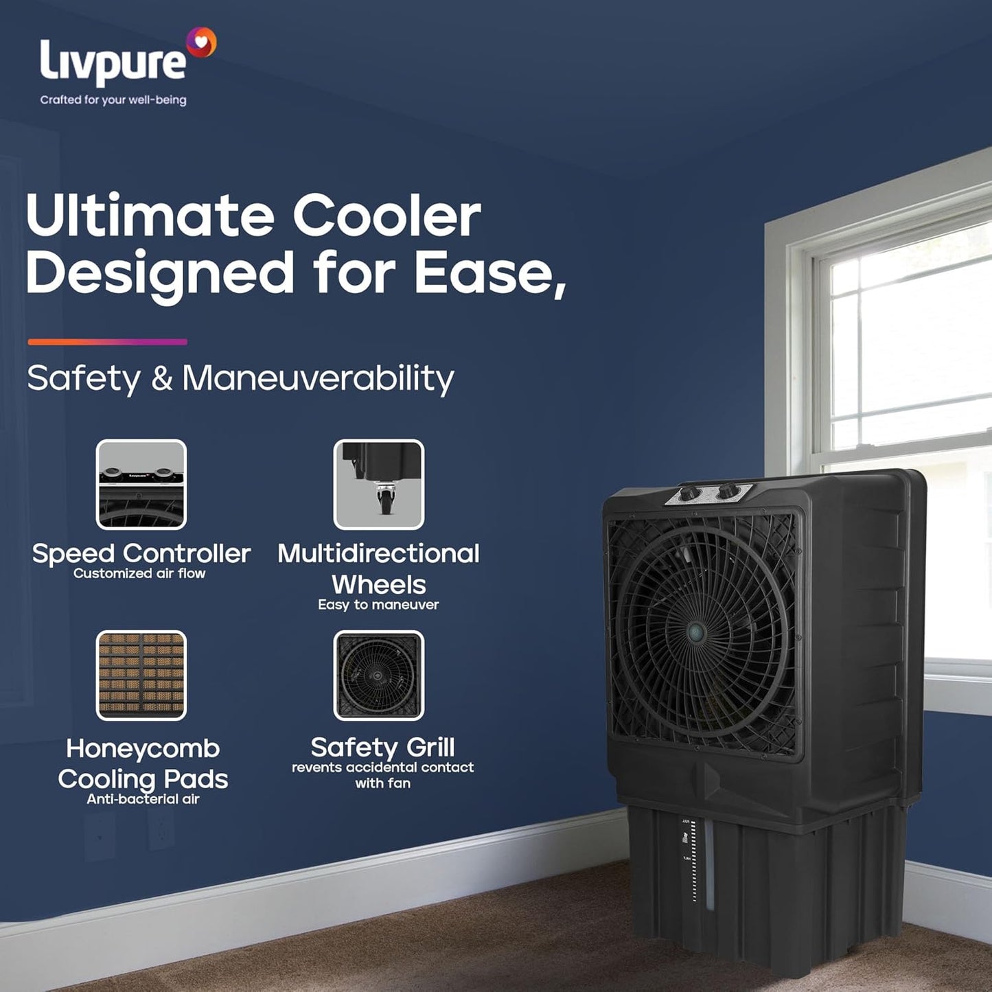 Livpure Scorpio Desert Air Cooler- 100 L | 20" Fan Blade | High Air Delivery | Water Level Indicator | Anti-Bacterial Honeycomb Pad | 350 Watts Motor | 2 years Warranty by Livpure