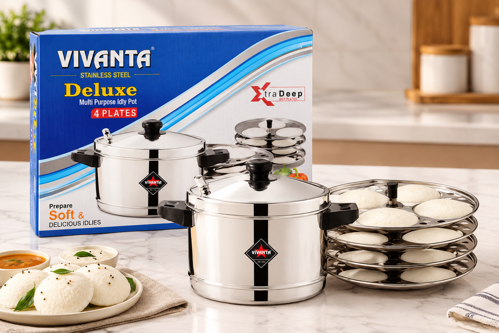 **VIVANTA Deluxe Stainless Steel Multi Purpose Idly Pot with 4 Plates | Extra Deep Idli Maker Steamer | 4-Tier Idli Stand for Soft & Delicious Idlis | Kitchen Cookware**