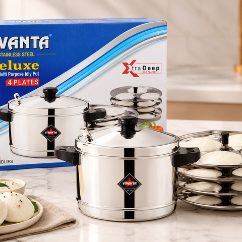 **VIVANTA Deluxe Stainless Steel Multi Purpose Idly Pot with 4 Plates | Extra Deep Idli Maker Steamer | 4-Tier Idli Stand for Soft & Delicious Idlis | Kitchen Cookware**
