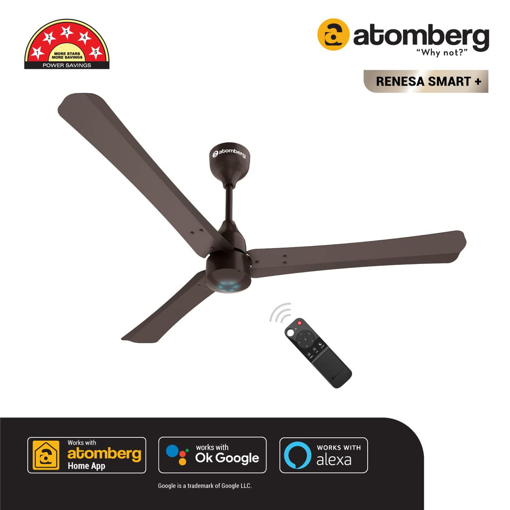 Atomberg Renesa Smart + 1200mm BLDC Ceiling Fan with IoT &amp; Remote | Energy Efficient Ceiling Fan | Ceiling fan for Living Room | High Air Delivery with LED Indicators (Earth Brown)