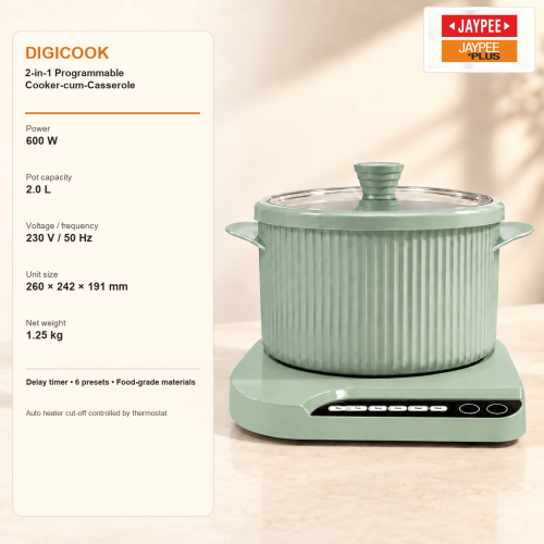 Jaypee Plus Digi Cook Programmable Electric Cooker Cum Casserole Set – 2-in-1 Electric Casserole Set-Green