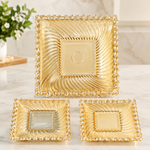 Premium Golden Square Serving Tray Set of 3 – Decorative Crystal Beaded Design Serving Platters for Snacks, Dry Fruits, Sweets & Home Décor