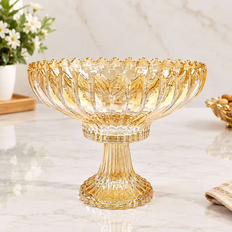 Golden Crystal Glass Fruit Bowl with Pedestal Stand – Decorative Footed Serving Bowl for Fruits, Dry Fruits, Sweets & Snacks