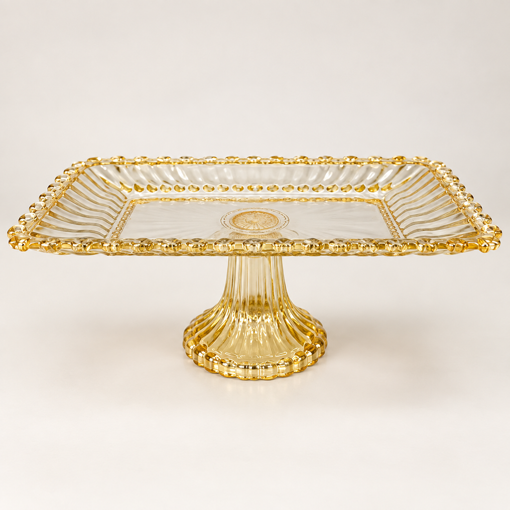 Premium Gold-Tinted Glass Rectangular Cake Stand with Decorative Pedestal | Elegant Serving & Dessert Platter