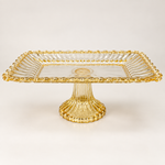Premium Gold-Tinted Glass Rectangular Cake Stand with Decorative Pedestal | Elegant Serving & Dessert Platter