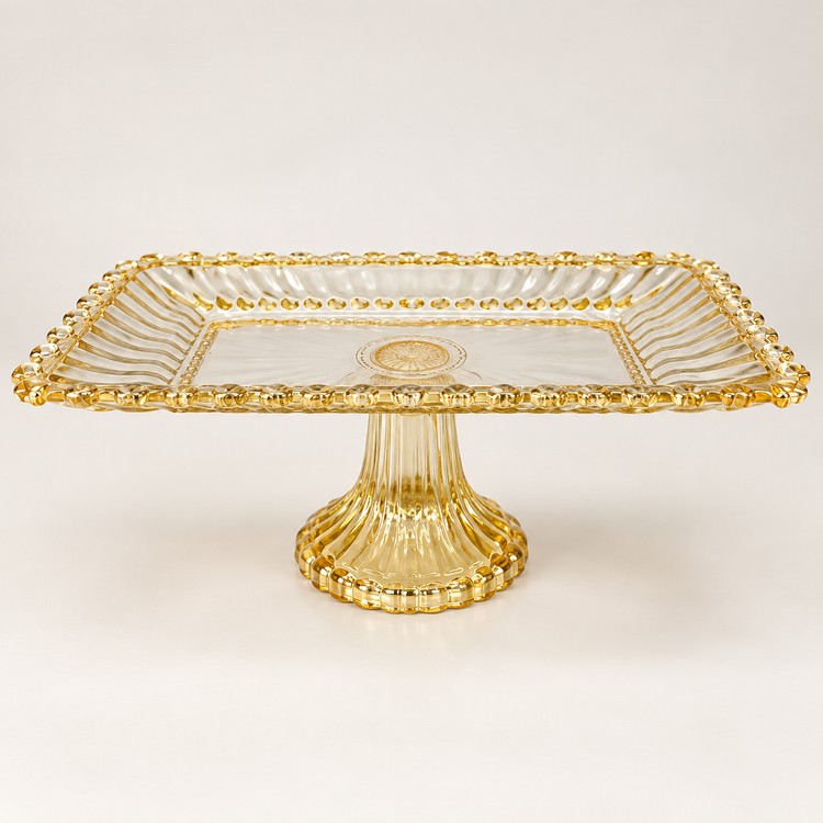 Premium Gold-Tinted Glass Rectangular Cake Stand with Decorative Pedestal | Elegant Serving & Dessert Platter