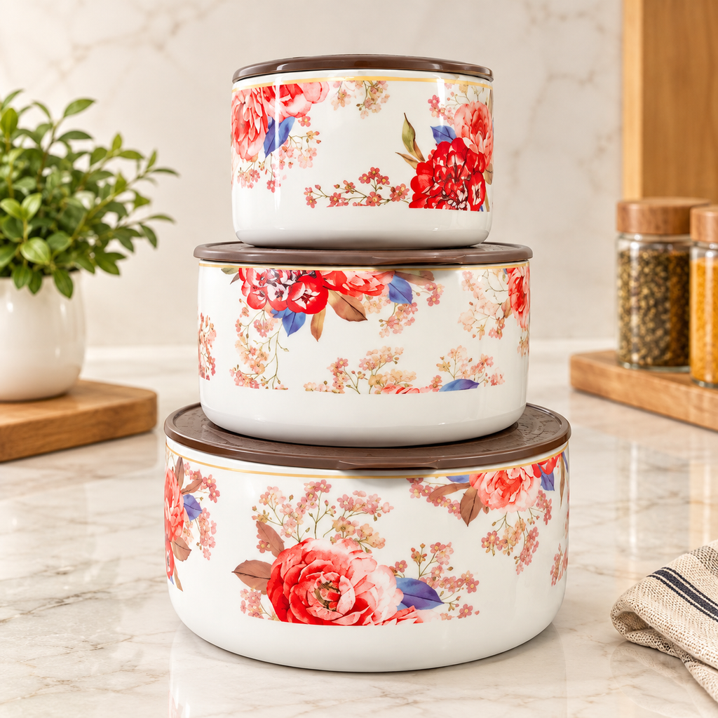 Ceramic Kitchen Storage Container Set of 3 | Floral Design Food Storage Jars with Lids | Multipurpose Containers for Dry Fruits, Spices & Snacks