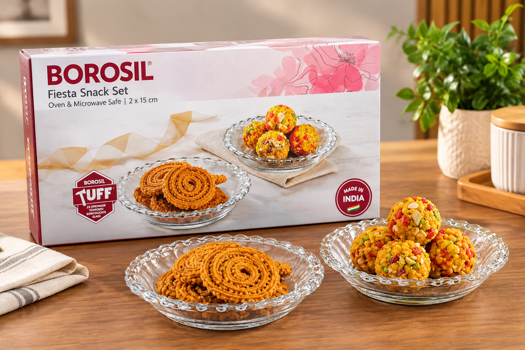 Borosil Fiesta Snack Set of 2 – 15 cm Borosilicate Glass Serving Plates, Oven & Microwave Safe Snack Plates for Sweets, Snacks & Desserts