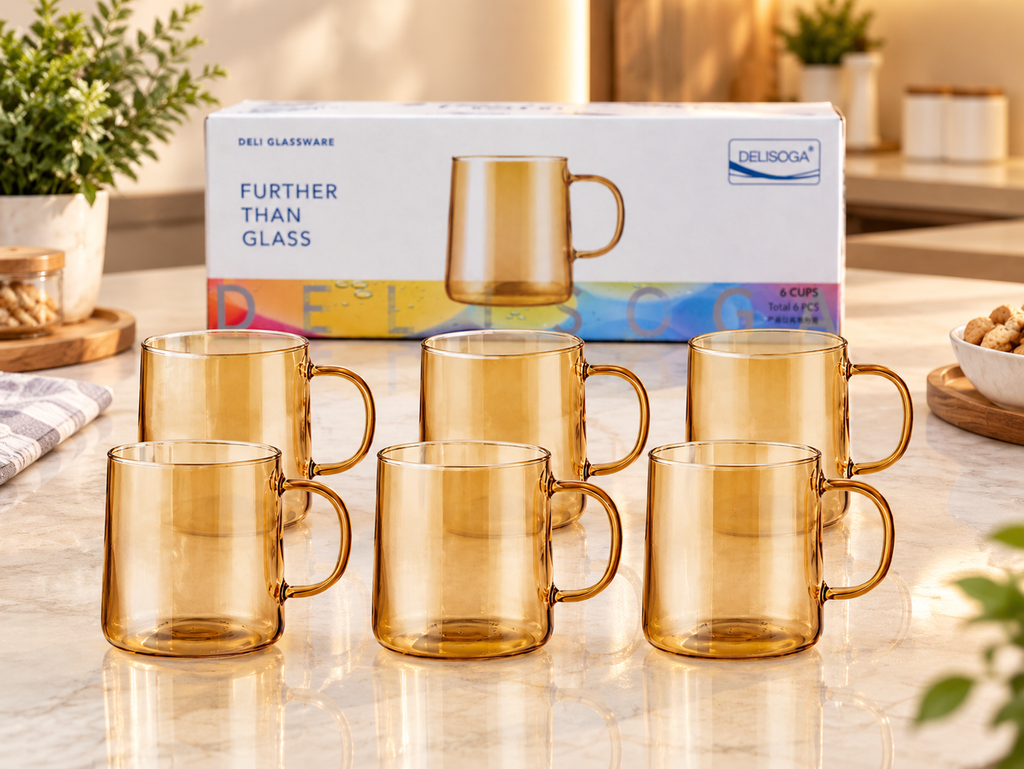 Delisoga Amber Glass Coffee Mugs Set of 6 | Golden Transparent Tea Cups with Handles | Stylish Glass Cups for Tea, Coffee & Beverages