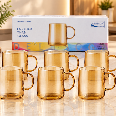 Delisoga Amber Glass Coffee Mugs Set of 6 | Golden Transparent Tea Cups with Handles | Stylish Glass Cups for Tea, Coffee & Beverages