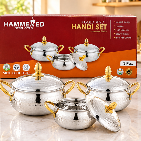 Hammered Steel Gold 3-Piece Handi Set | Stainless Steel PVD Gold Handi Set with Lids & Gold Handles | Hammer Finish Cooking & Serving Pots for Kitchen, Home & Gifting