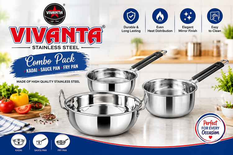**VIVANTA Stainless Steel Cookware Combo Set | Kadai, Sauce Pan & Fry Pan | 3-Piece Kitchen Cooking Set**