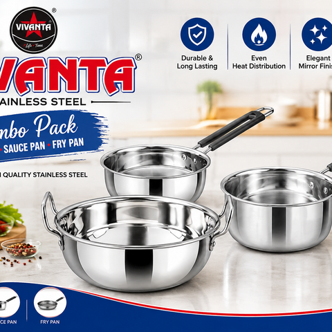 **VIVANTA Stainless Steel Cookware Combo Set | Kadai, Sauce Pan & Fry Pan | 3-Piece Kitchen Cooking Set**