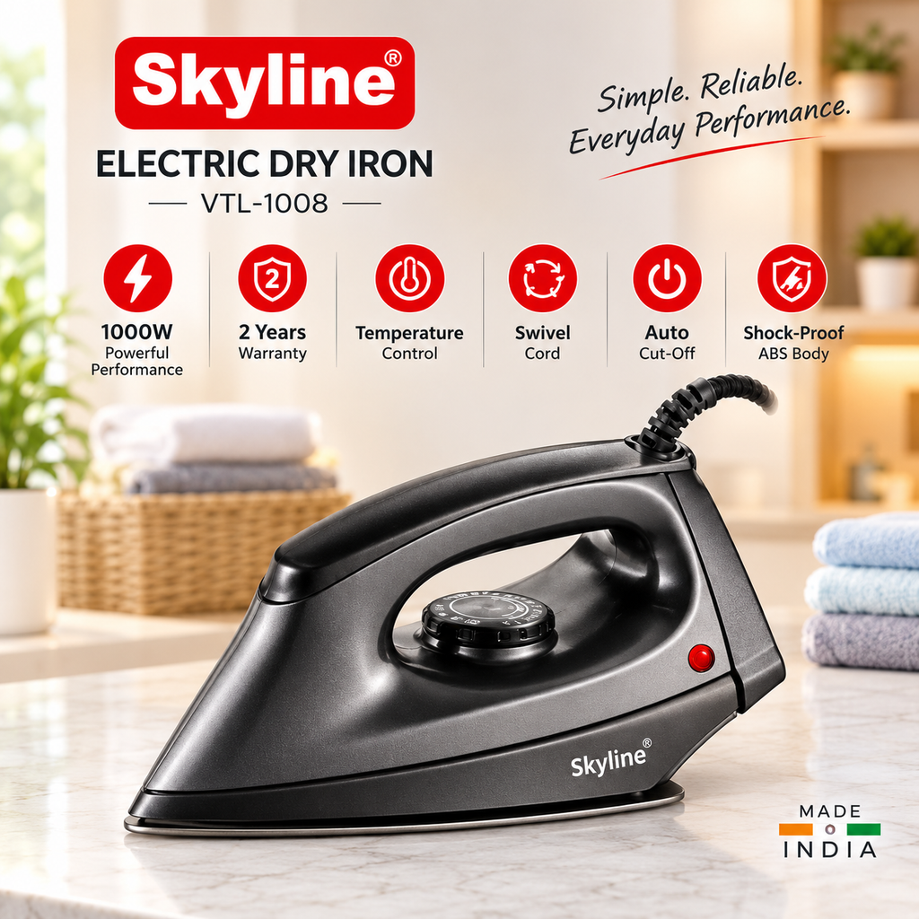 Skyline VTL-1008 Electric Dry Iron 1000W | Temperature Control, Auto Cut-Off, Swivel Cord & Shock-Proof ABS Body | 2 Years Warranty | Made in India