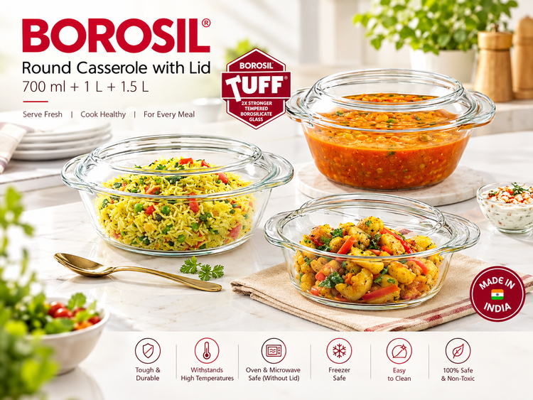 Borosil Tuff Round Glass Casserole Set with Lid | Set of 3 | 700ml + 1L + 1.5L | Borosilicate Glass Food Storage & Serving Bowls | Microwave & Oven Safe (Without Lid)